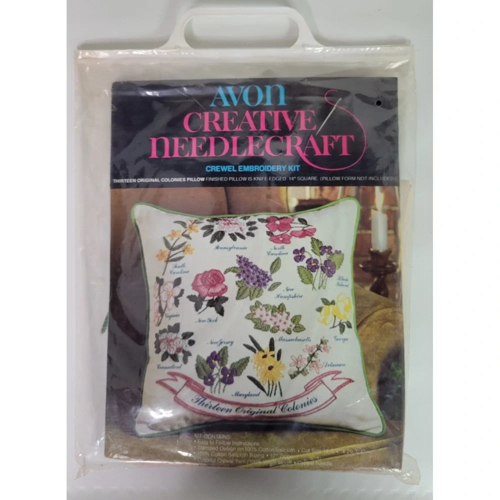 Vtg NIP Avon Needlecraft Crewel Embroidery Kit 13 Colonies Floral Pillow 14